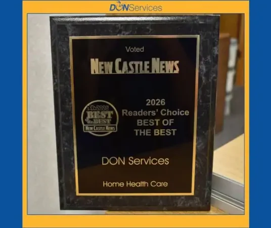Award plaque for DON Services Home Health Care, voted Best of New Castle News 2020.